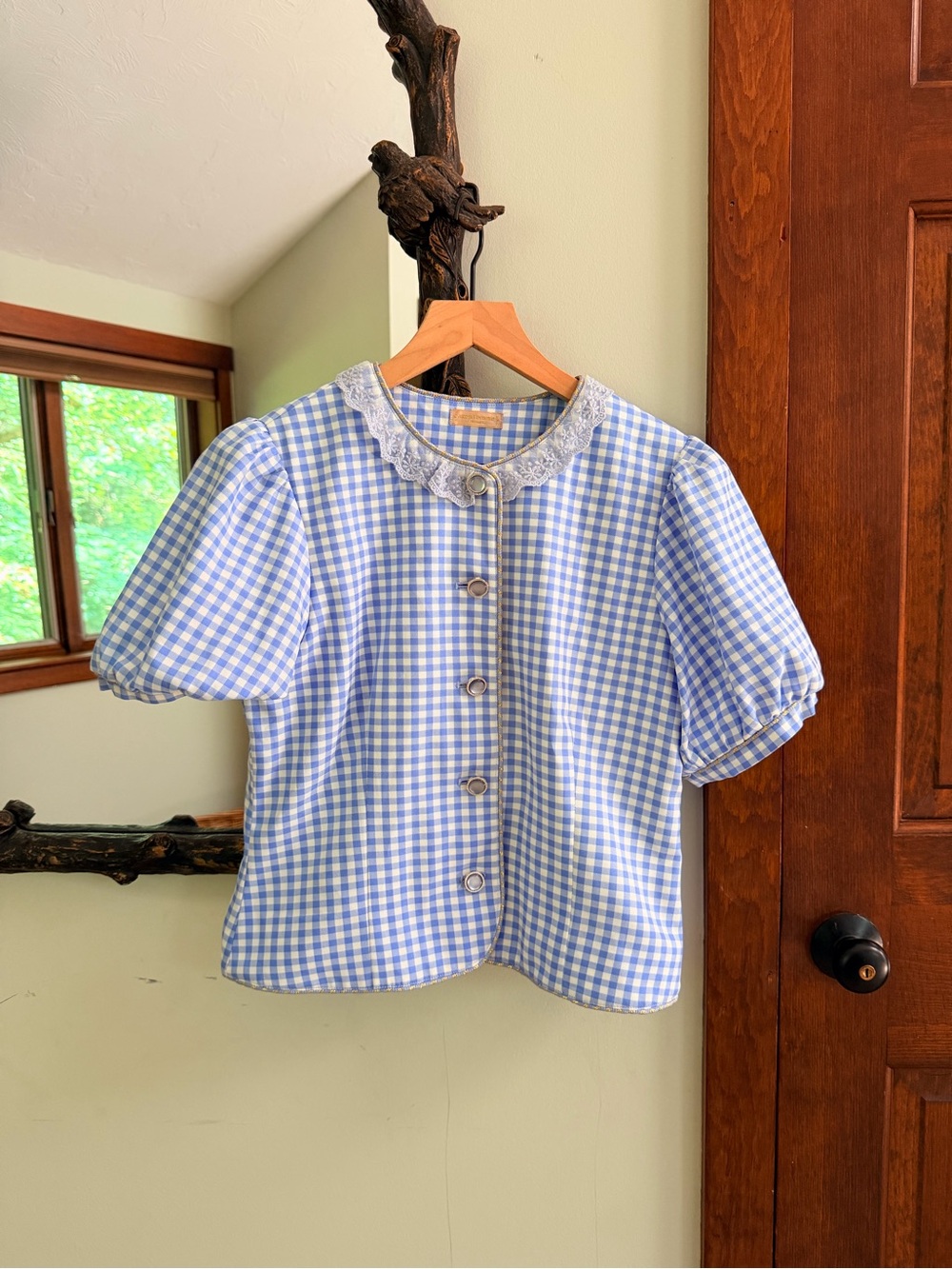axes femme Blue Gingham Lace Collar Blouse Top - Size M - Coquette J-Fashion
